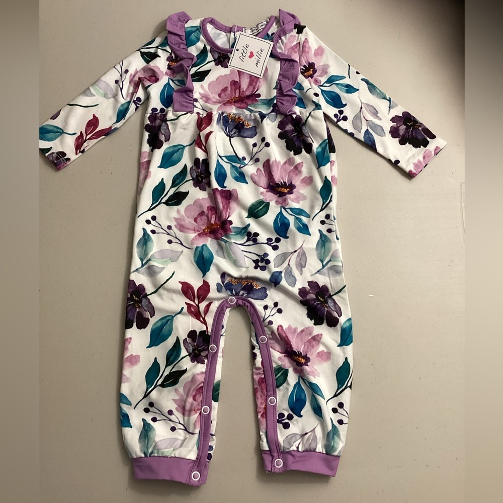 Millie Loves Lily - Purple Floral Ruffle Trim Playsuit - Size 12M - new